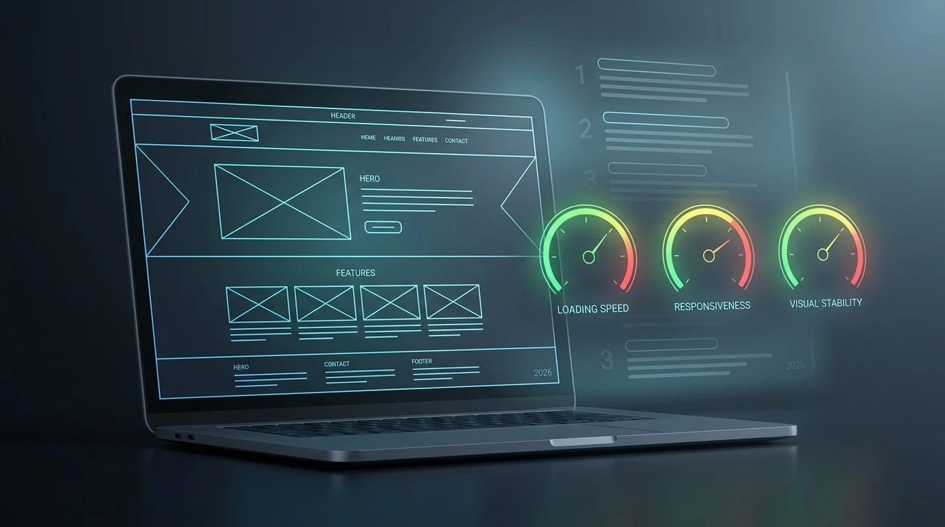 Google Core Web Vitals dashboard concept showing loading speed, responsiveness and visual stability gauges for 2026