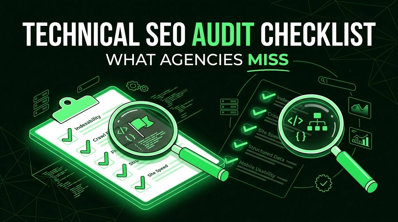 Technical SEO audit checklist with magnifying glass highlighting website optimization tasks