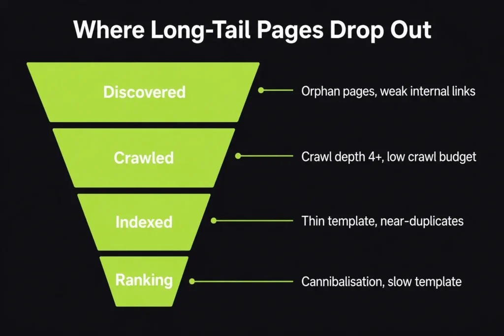 Funnel diagram showing where long-tail pages drop out of Google indexing