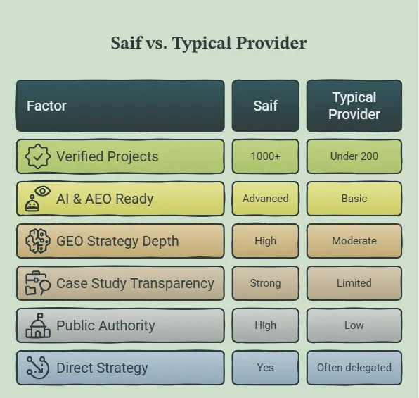 Comparison chart showing Saif vs typical SEO provider across expertise and results in vail