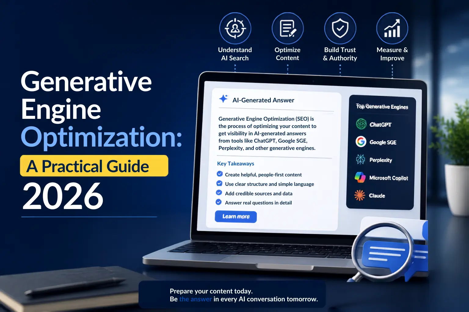 Generative Engine Optimization guide with AI search dashboard and content optimization workflow
