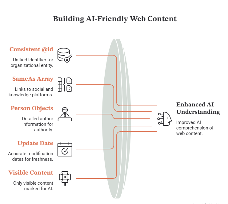 Schema markup for AEO infographic showing AI recommendations, JSON LD, and schema limitations