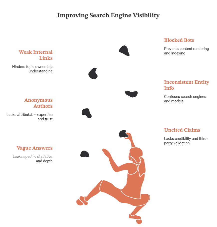 Illustration of SEO barriers blocking search visibility and AI discoverability
