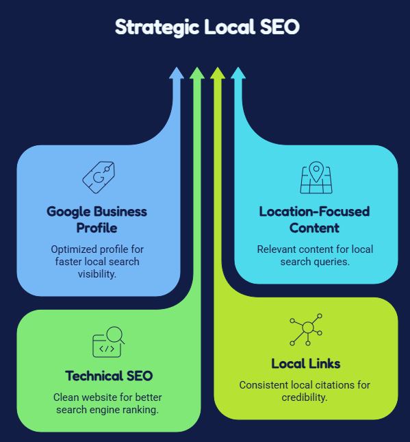 Infographic showing four key local SEO strategies leading to improved local search visibility.