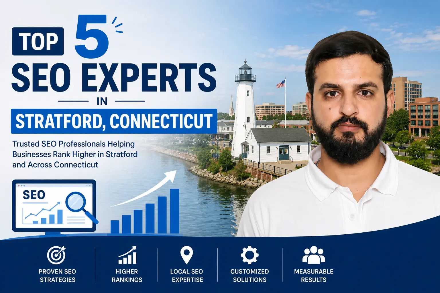Top 5 SEO Experts in Stratford Connecticut featured image with Saif and Stratford waterfront