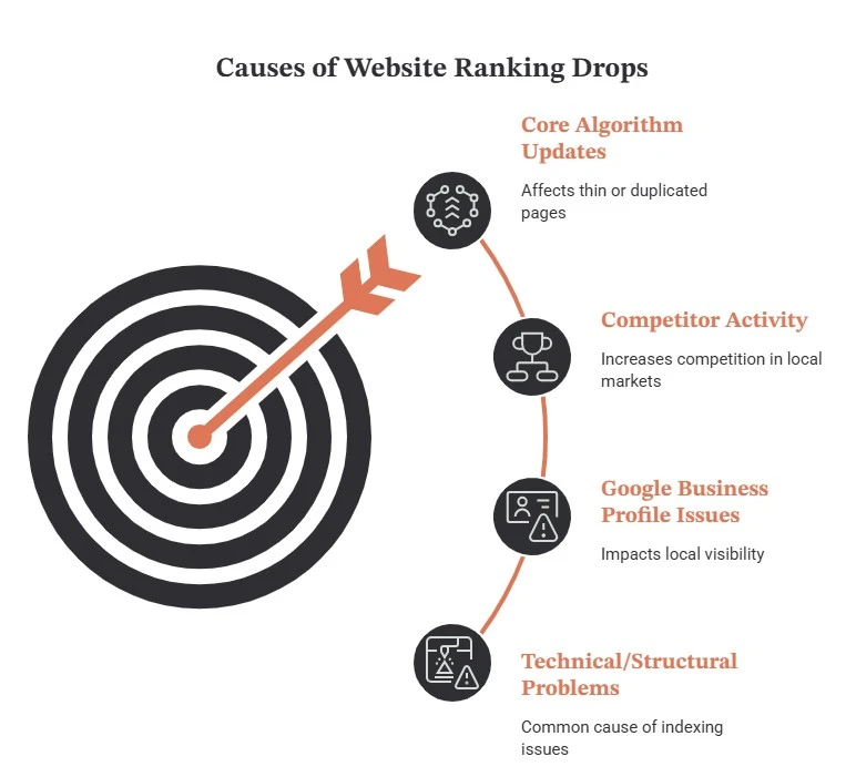 Website ranking drop causes including algorithm updates, competitors, GBP and technical issues.