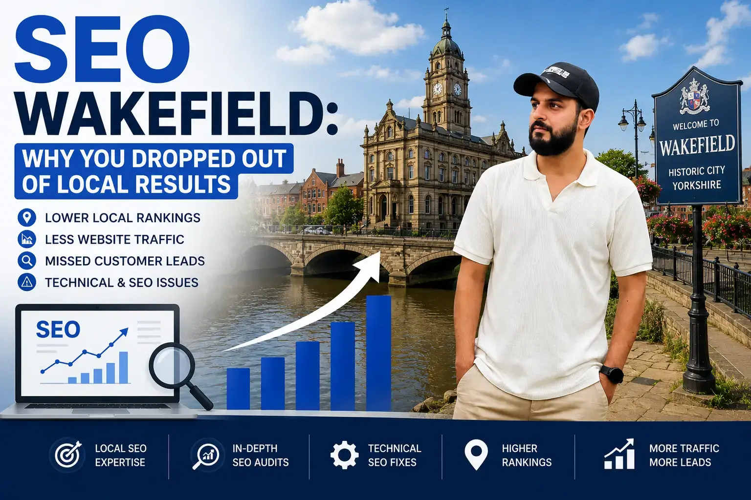 SEO Wakefield guide showing local ranking issues, SEO fixes, and Wakefield landmark background