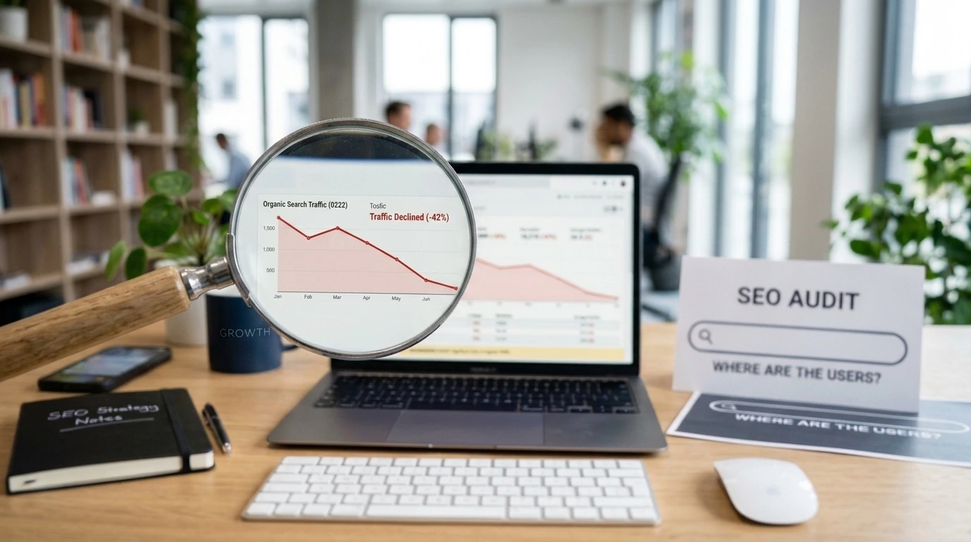 SEO audit showing a 42% drop in organic search traffic before recovery