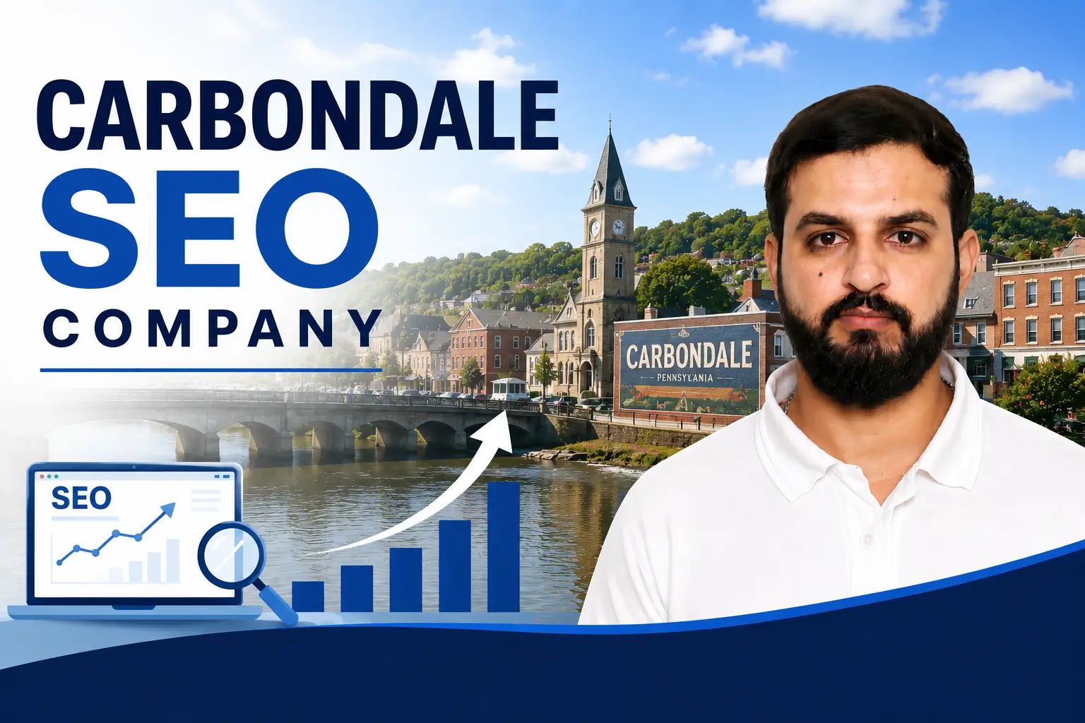 Saif, Carbondale SEO company consultant, with town view and rising local rankings chart