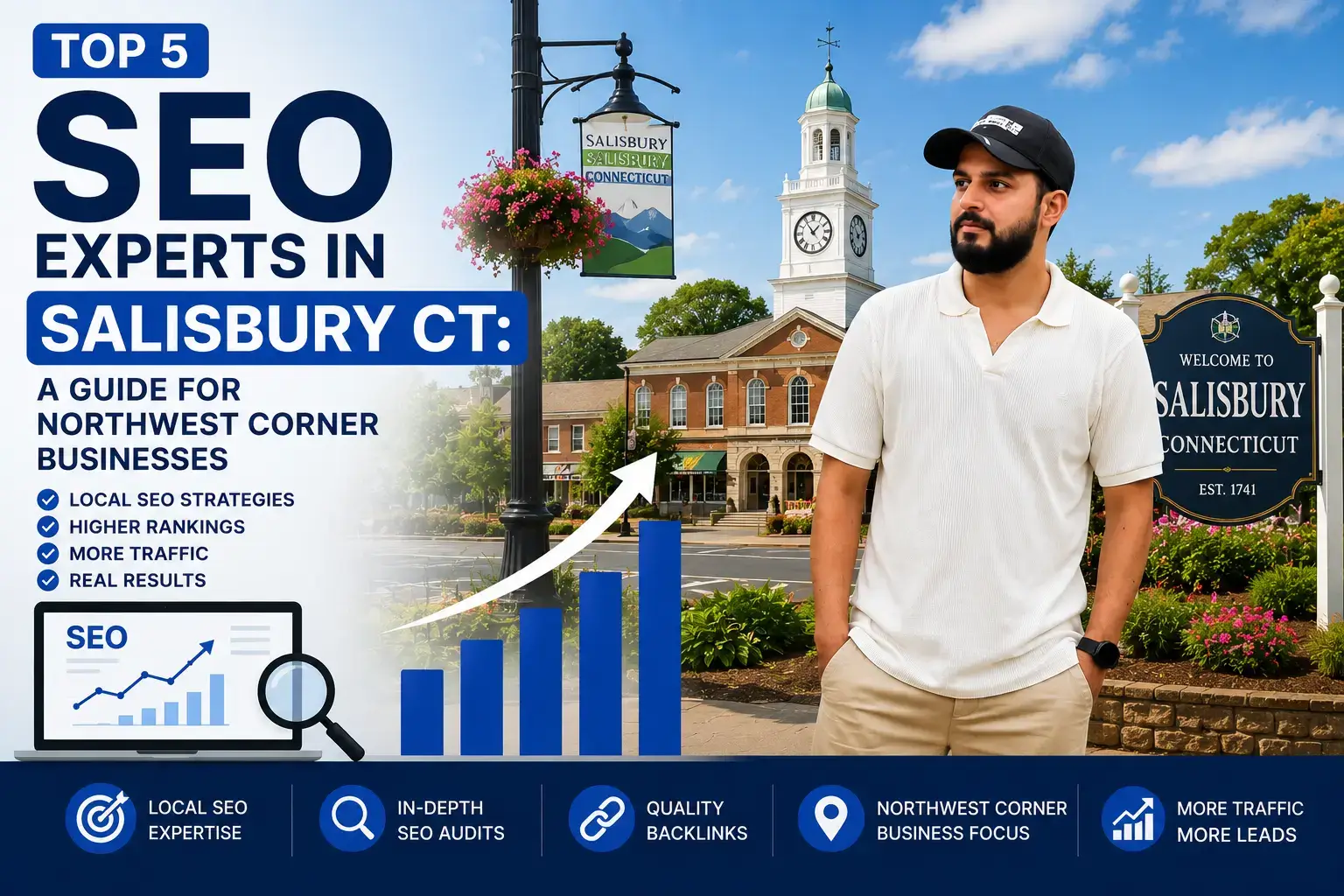 Top 5 SEO Experts in Salisbury CT featuring Saif and Salisbury Connecticut landmark background