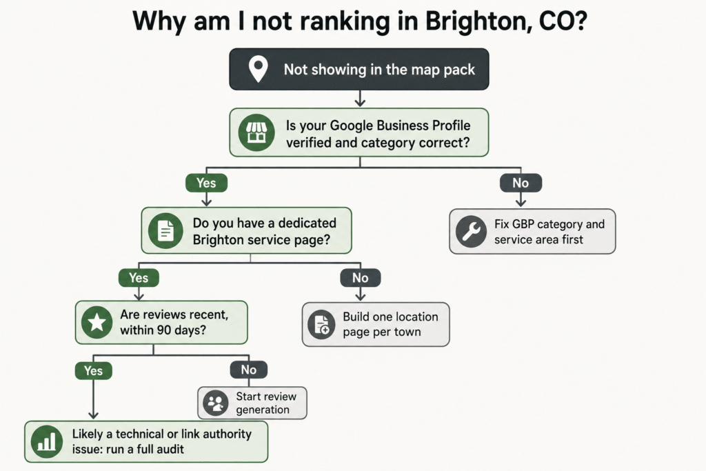 Decision tree showing why a Brighton CO business is missing from local search results