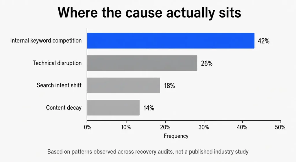 Bar chart ranking common causes of ranking drops found during SEO recovery audits