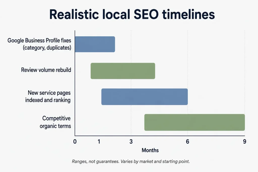 Bar chart showing typical local SEO recovery timelines from profile fixes to organic terms.