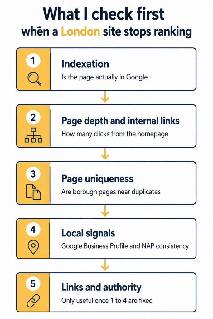 Diagram showing the order an SEO consultant checks indexation, internal links, page uniqueness, local signals and backlinks
