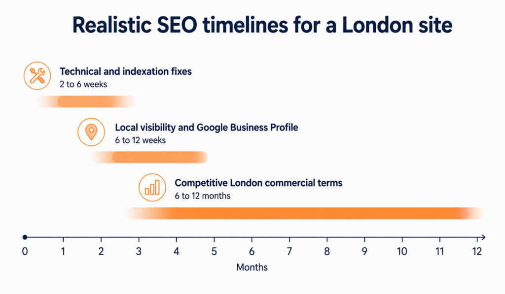 Timeline showing how long technical fixes, local visibility work and competitive London rankings typically take