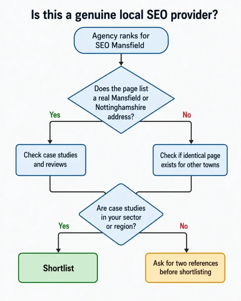 Decision tree for checking whether an SEO Mansfield provider is genuinely local