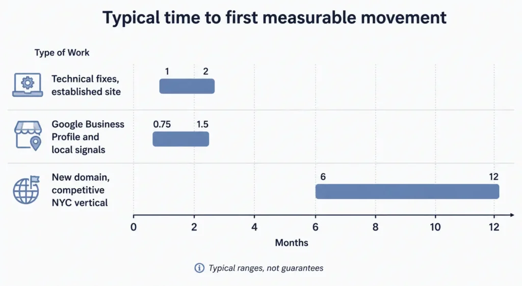 Timeline chart showing typical months to first measurable movement for three types of SEO work