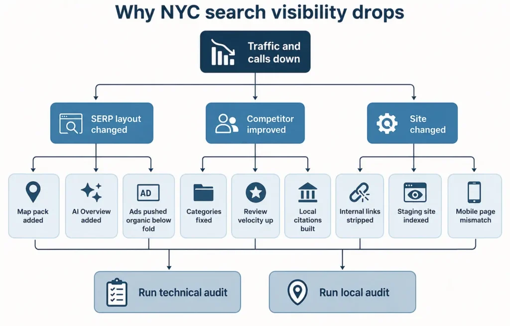 Decision tree showing the three common causes behind a New York SEO visibility drop