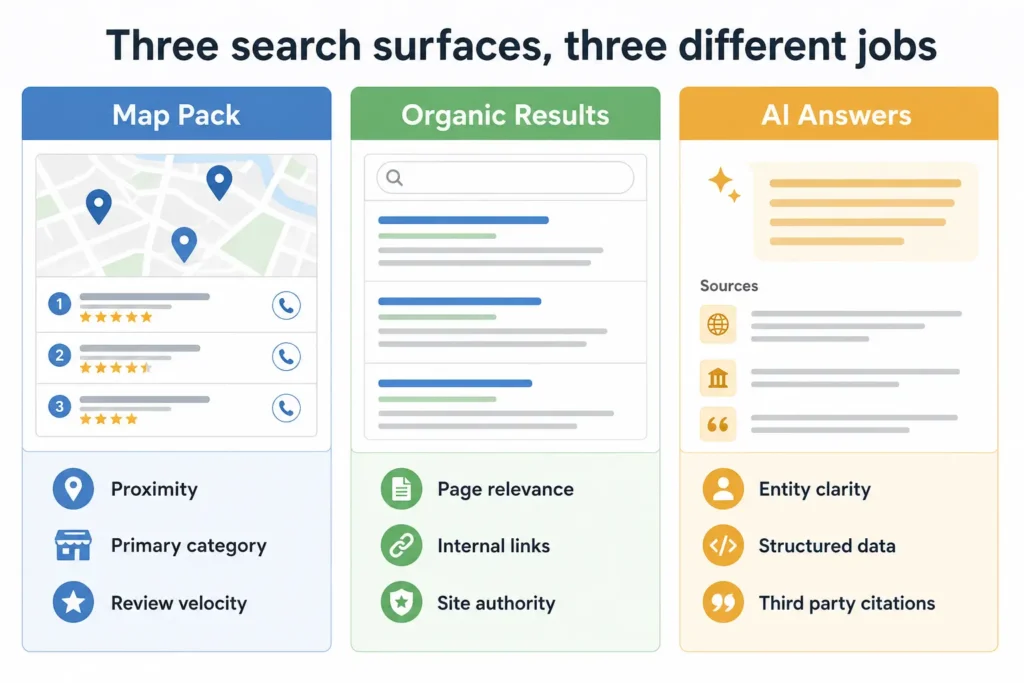 Comparison of map pack, organic and AI answer surfaces and the signals that win each