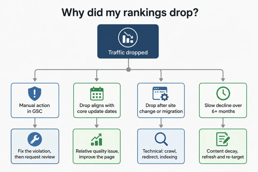 Decision tree showing four common causes of an SEO ranking drop and the fix for each
