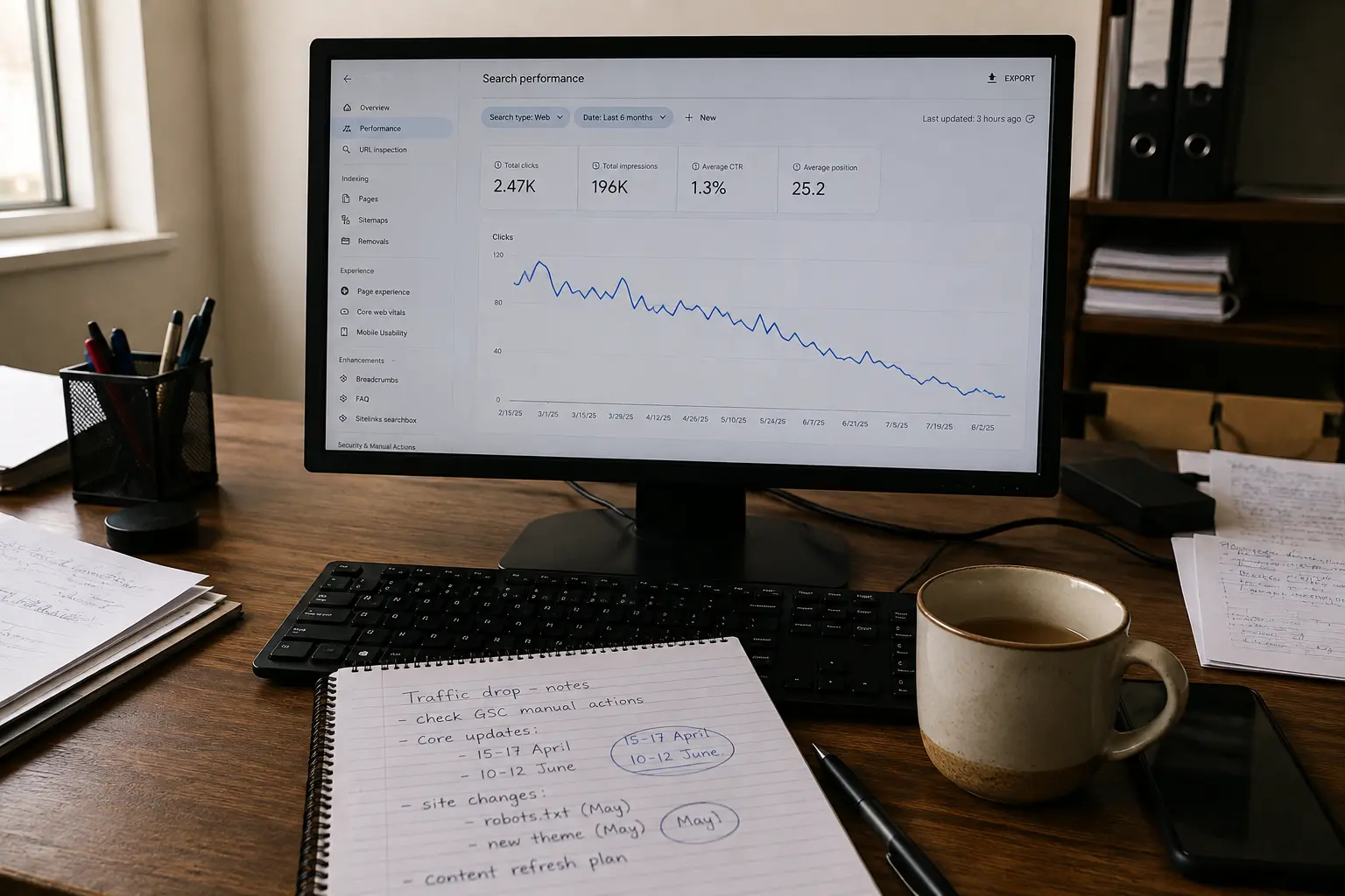Desk with a monitor showing a declining organic traffic graph and handwritten drop notes