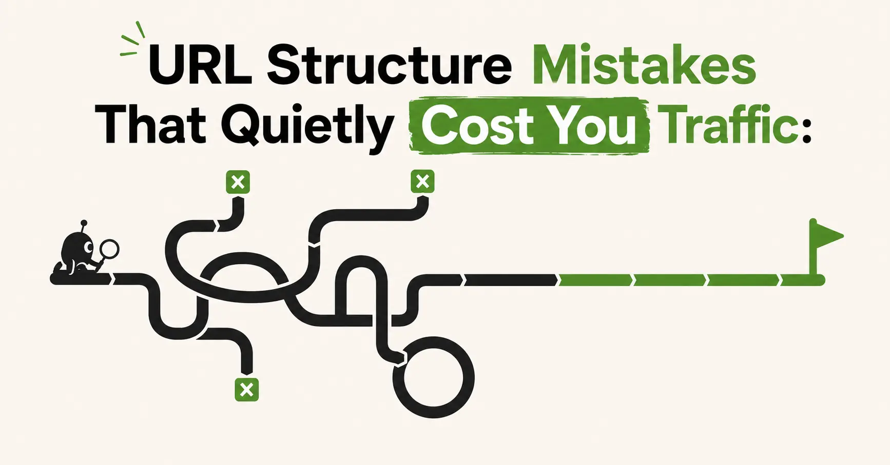 Illustration of a tangled URL path with dead ends resolving into one clean route
