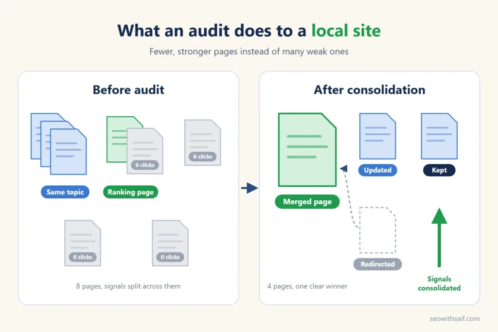 Before and after view of a local business website once overlapping pages are merged after an audit