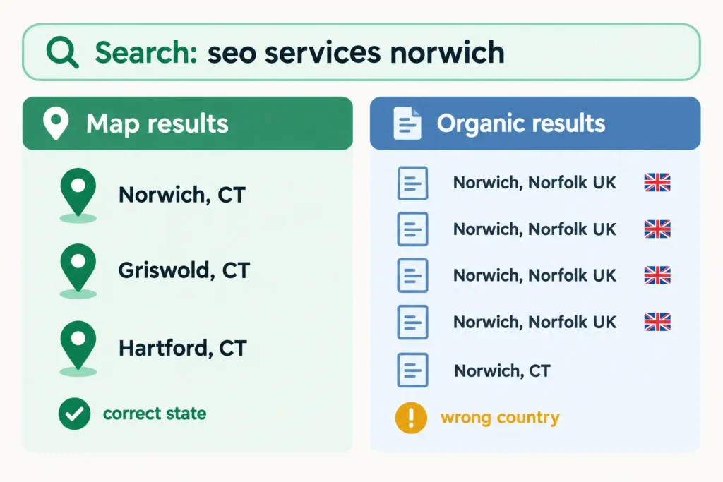 Graphic showing map results returning Connecticut businesses while organic results return Norwich UK agencies