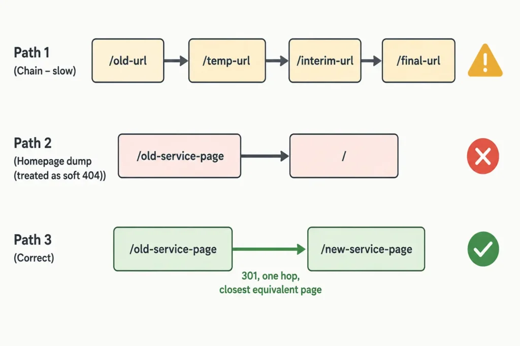 Diagram showing redirect chains and homepage redirects compared with a correct one-hop 301