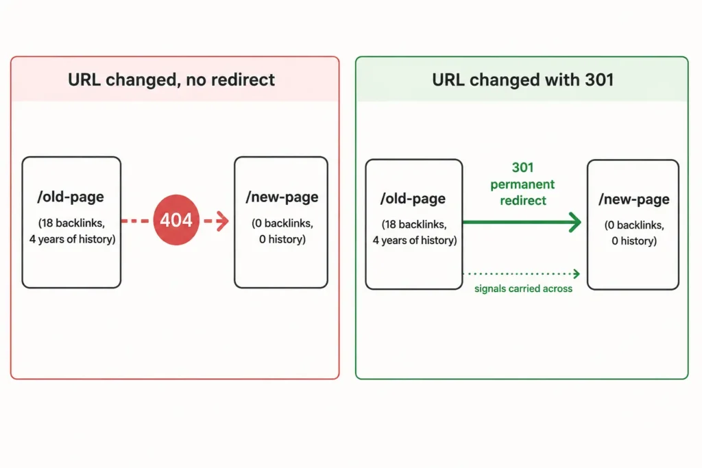 Diagram comparing a URL change with no redirect against a URL change with a 301 redirect