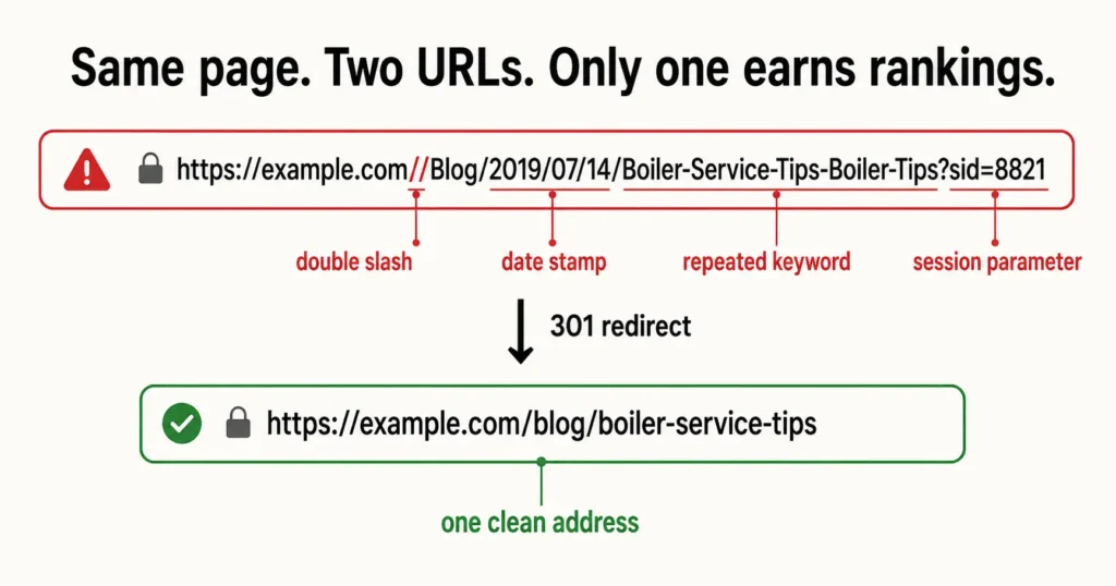 Graphic comparing a messy URL with four marked structure faults against a clean rewritten URL