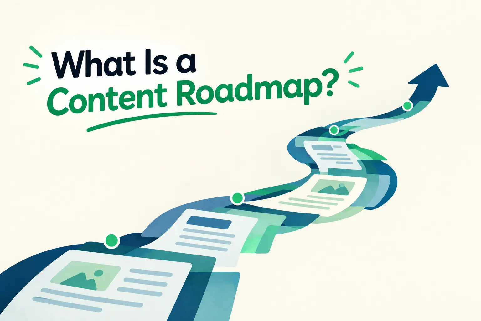 Abstract illustration of a road made of pages leading to an upward arrow, symbolizing a content roadmap