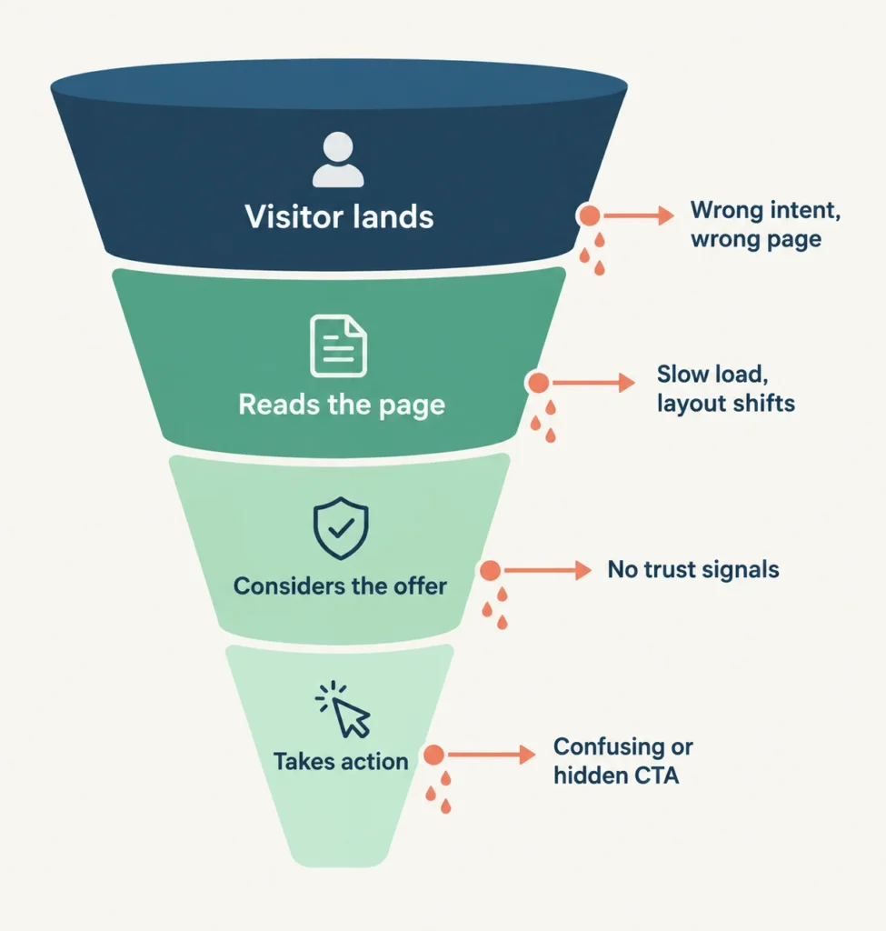 Funnel diagram showing four common leak points where website visitors drop off before converting