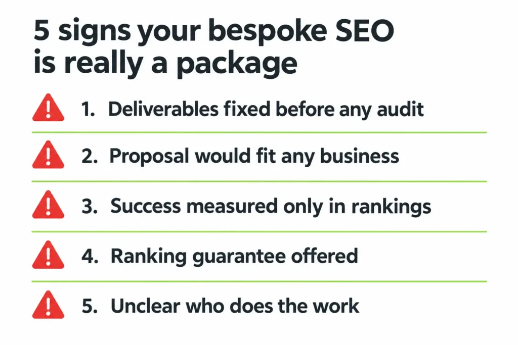 Checklist of five warning signs that a bespoke SEO offer is really a standard package