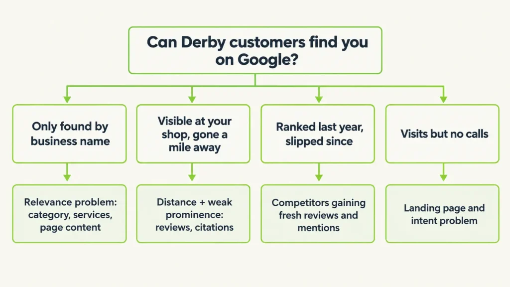 Decision tree linking four local visibility symptoms in Derby, CT to their likely causes