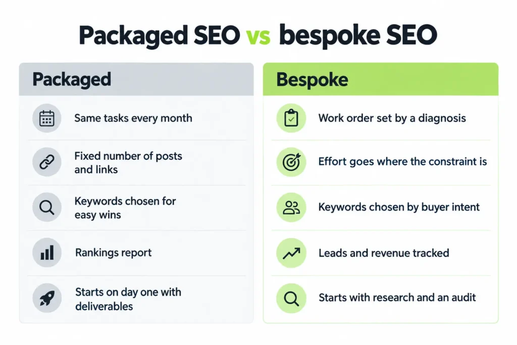 Comparison chart of packaged SEO versus bespoke SEO across five working differences