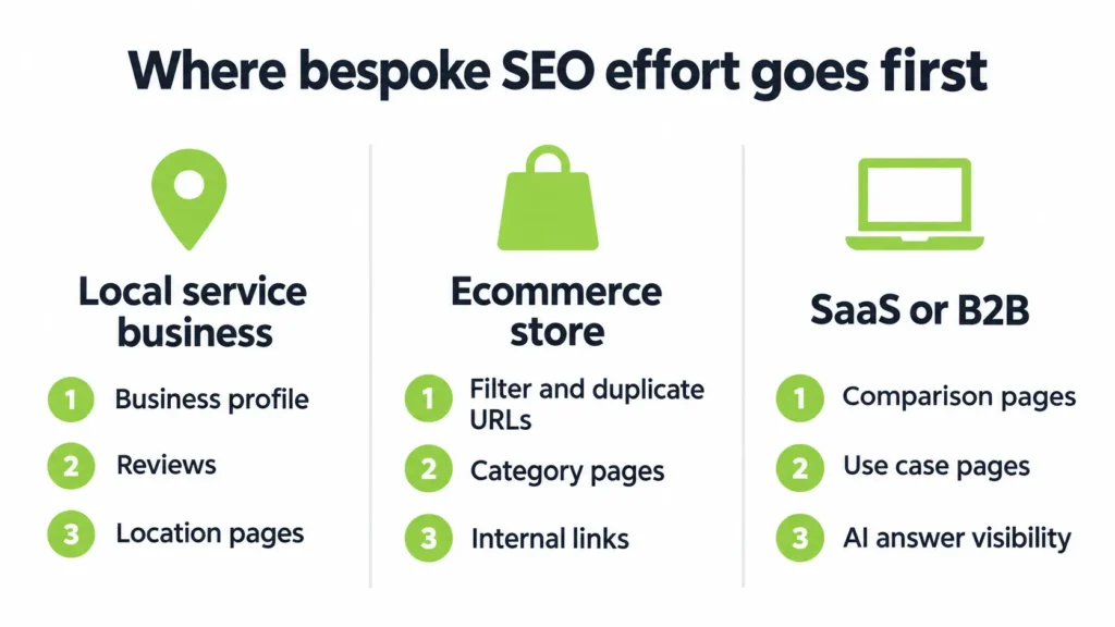 Three-column chart showing where tailored SEO effort goes for local, ecommerce and SaaS sites