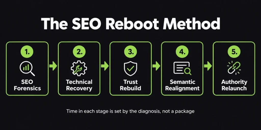 Five-stage SEO Reboot Method process from forensics to authority relaunch