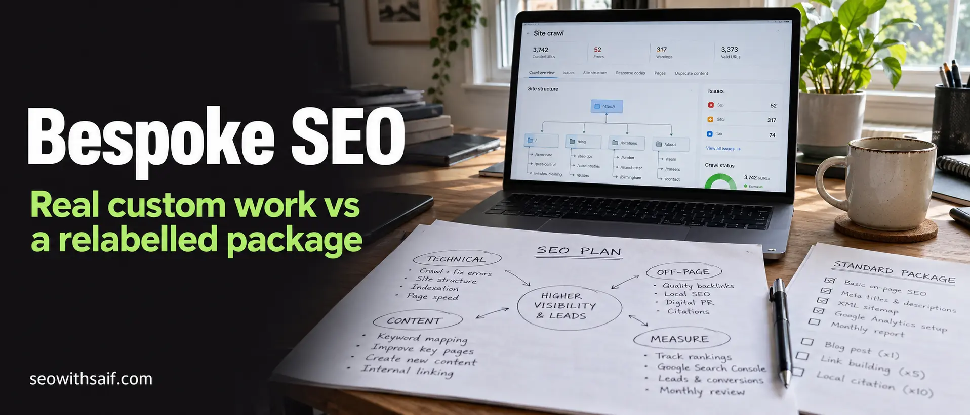 Desk with a custom SEO plan beside a discarded standard package, headline Bespoke SEO