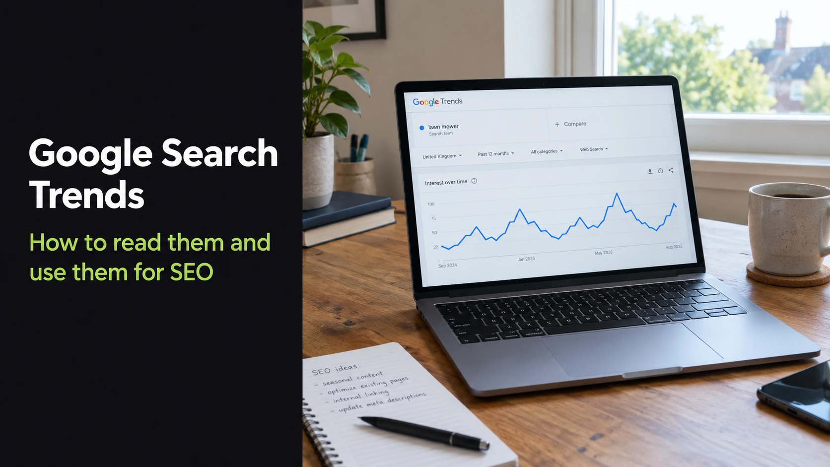 Laptop showing a Google search trends line chart beside the article title overlay