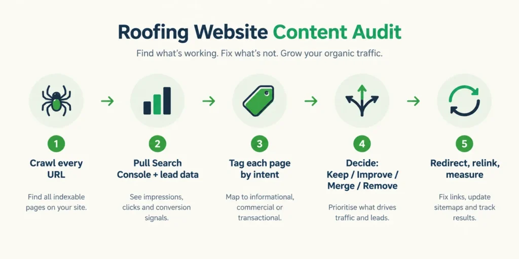 Five-step content audit workflow for a roofing website, from crawling URLs to measuring results