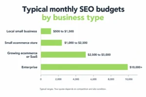 Range chart of monthly SEO budgets for local, ecommerce, SaaS and enterprise businesses