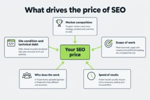 Diagram of five factors that drive SEO prices, from competition to speed of results
